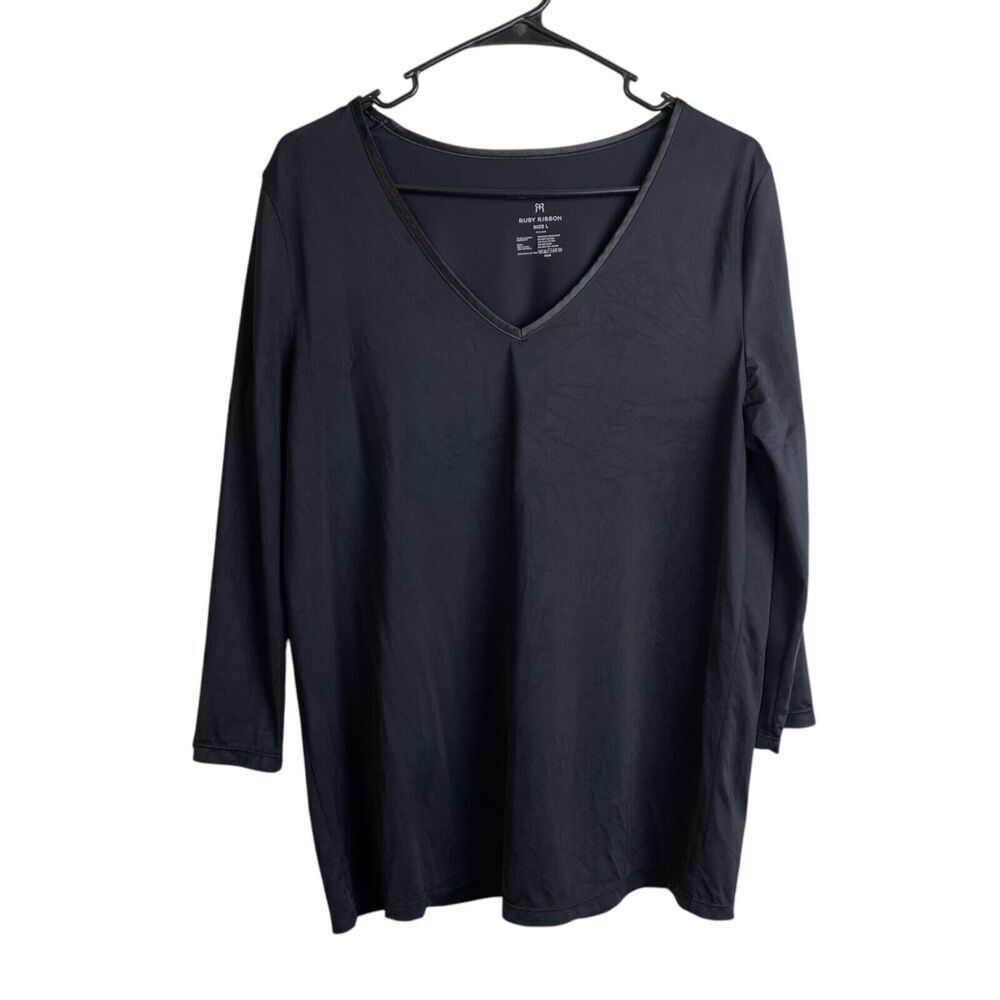 Ruby Ribbon Large Top Black Womens Long Sleeve V Neck Shirt Satin Trim Stretch